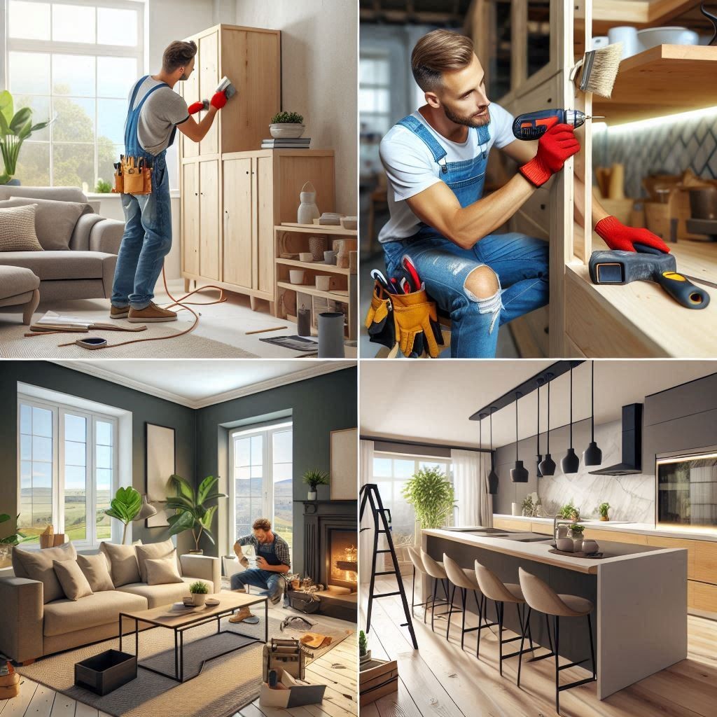 Collage of home improvement services including painting, carpentry, and kitchen remodeling in Bethesda, MD.